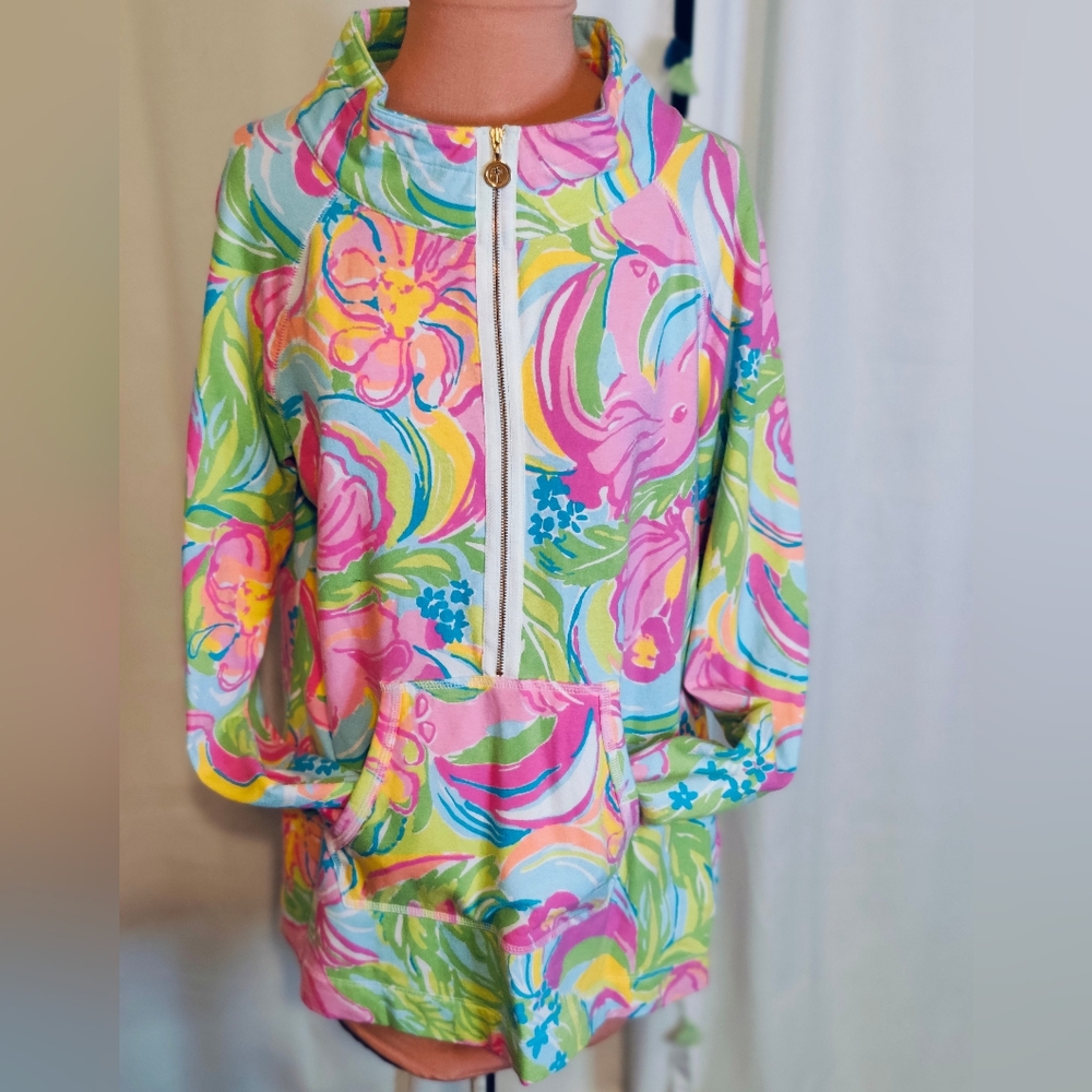 Lilly Pulitzer 1/2 Zipper Popover  terry cloth Jacket  Jungle Print Neon  Chic L